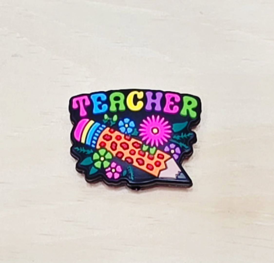 Teacher pencil with flowers silicone focal bead A265
