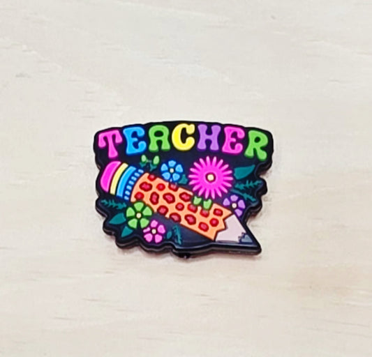 Teacher pencil with flowers silicone focal bead A265