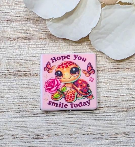 "Hope You Smile Today" Pink Turtle Silicone Focal Bead-Cute Inspirational Crafting Bead