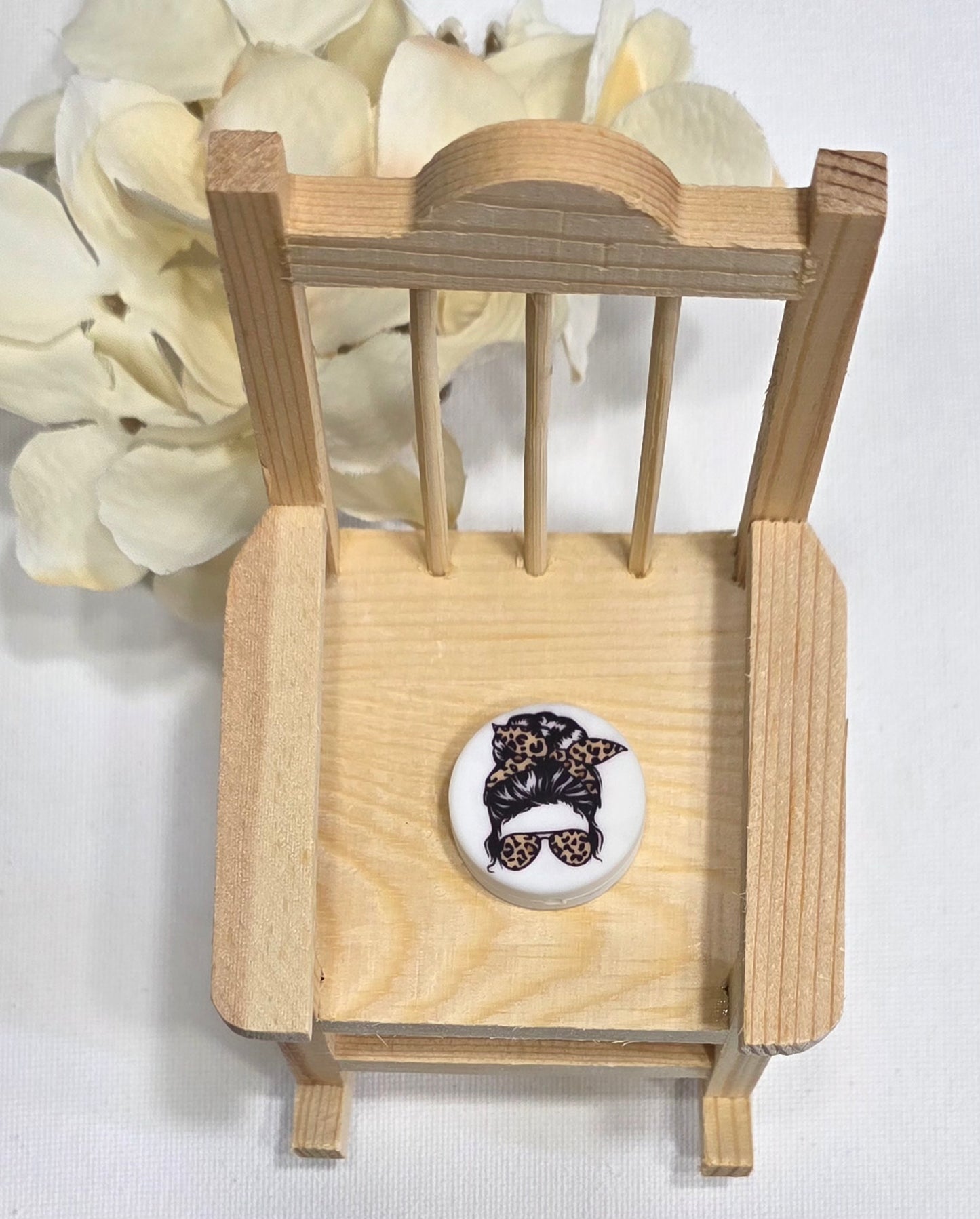 Leopard print messy bun girl with glasses silicone focal beads A224a