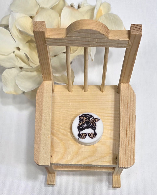 Leopard print messy bun girl with glasses silicone focal beads A224a