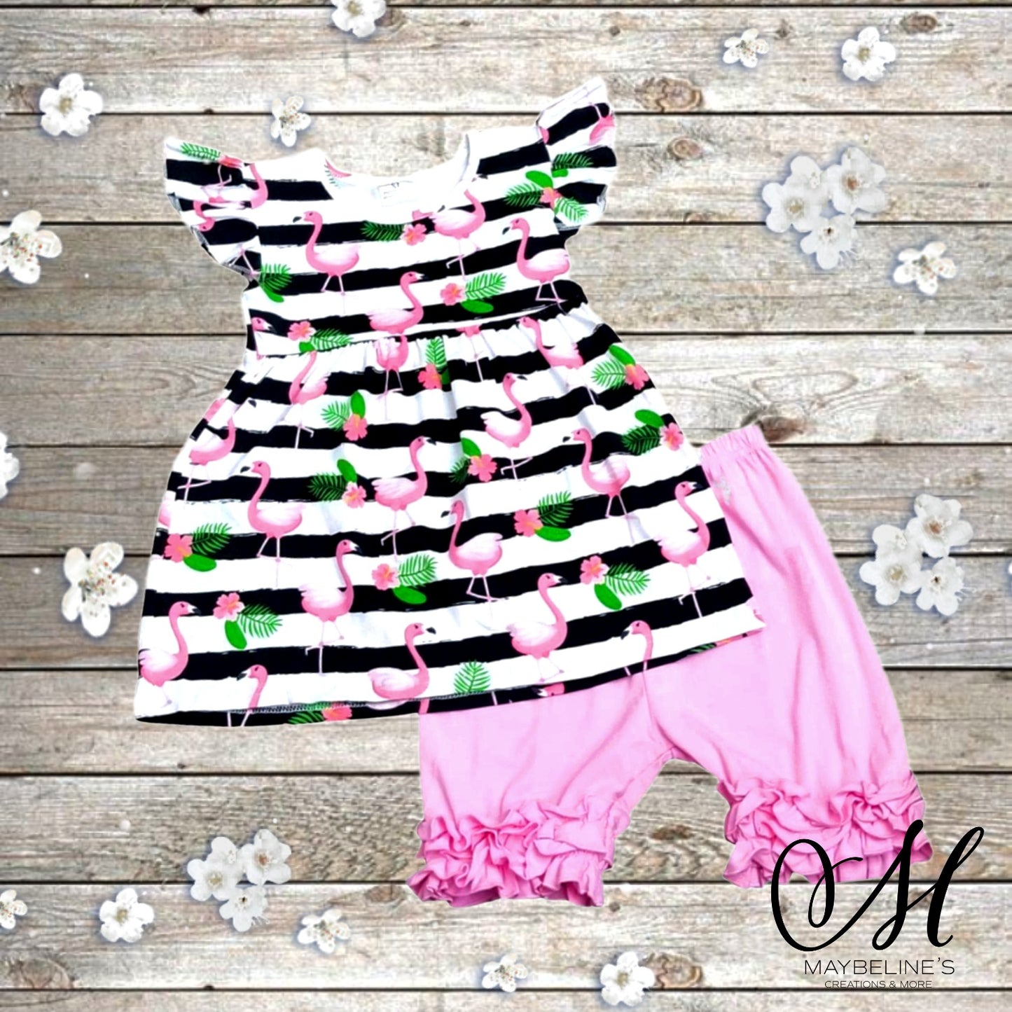 Girls Flamingo Top With Pink Ruffle Shorts Set