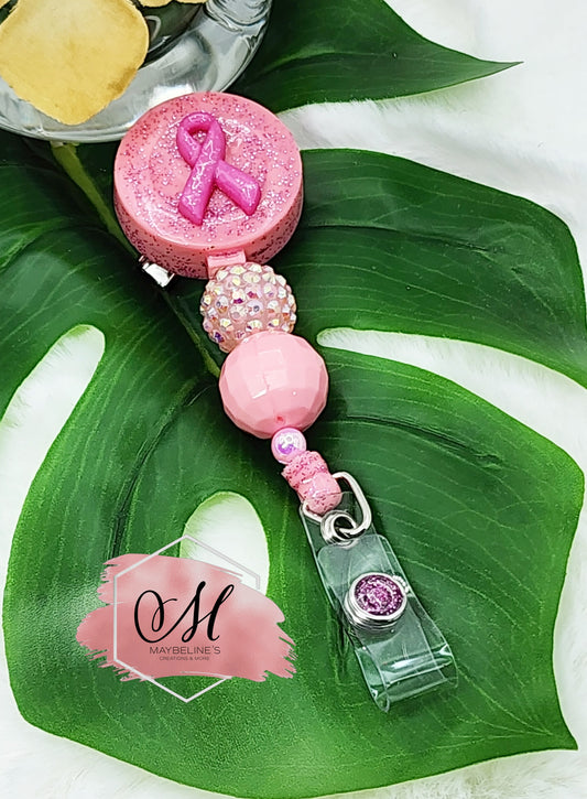 Badge Reel with pink Cancer Awareness ribbon. Card and pass holder