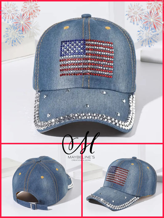 Demin Rhinstone Adjustable back Hat. Flag hat.