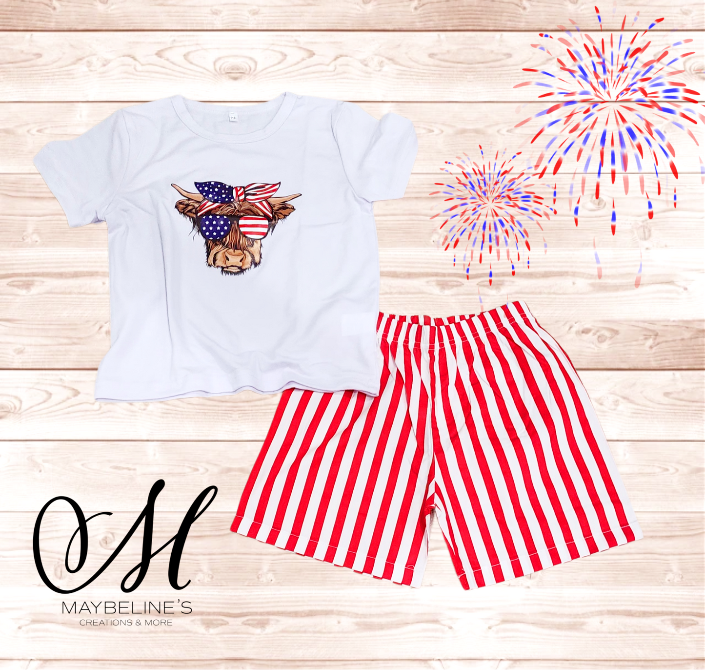 Highlander Cow girls short set. Red white blue kids short set.