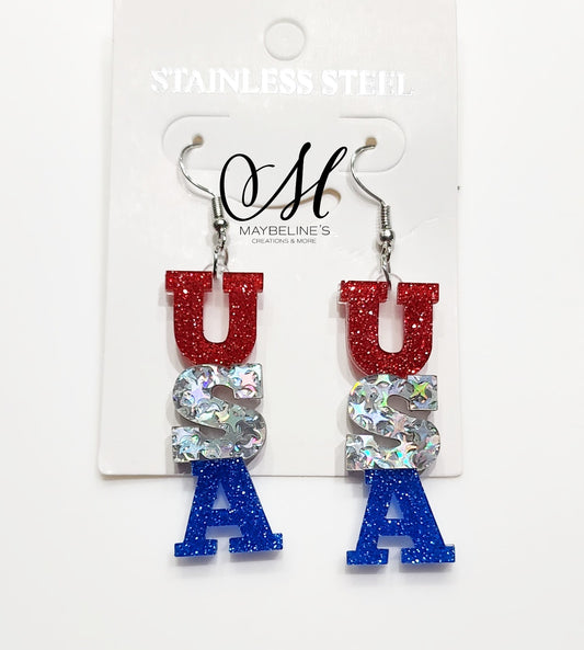 USA stainless steel acrylic earrings. Red white blue Acrylic Dangling earrings 