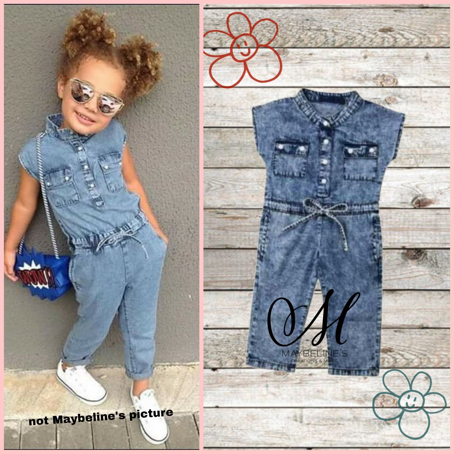 Girls One Piece Denim Blue Romper Jumpsuit with Belt Bow and Pockets