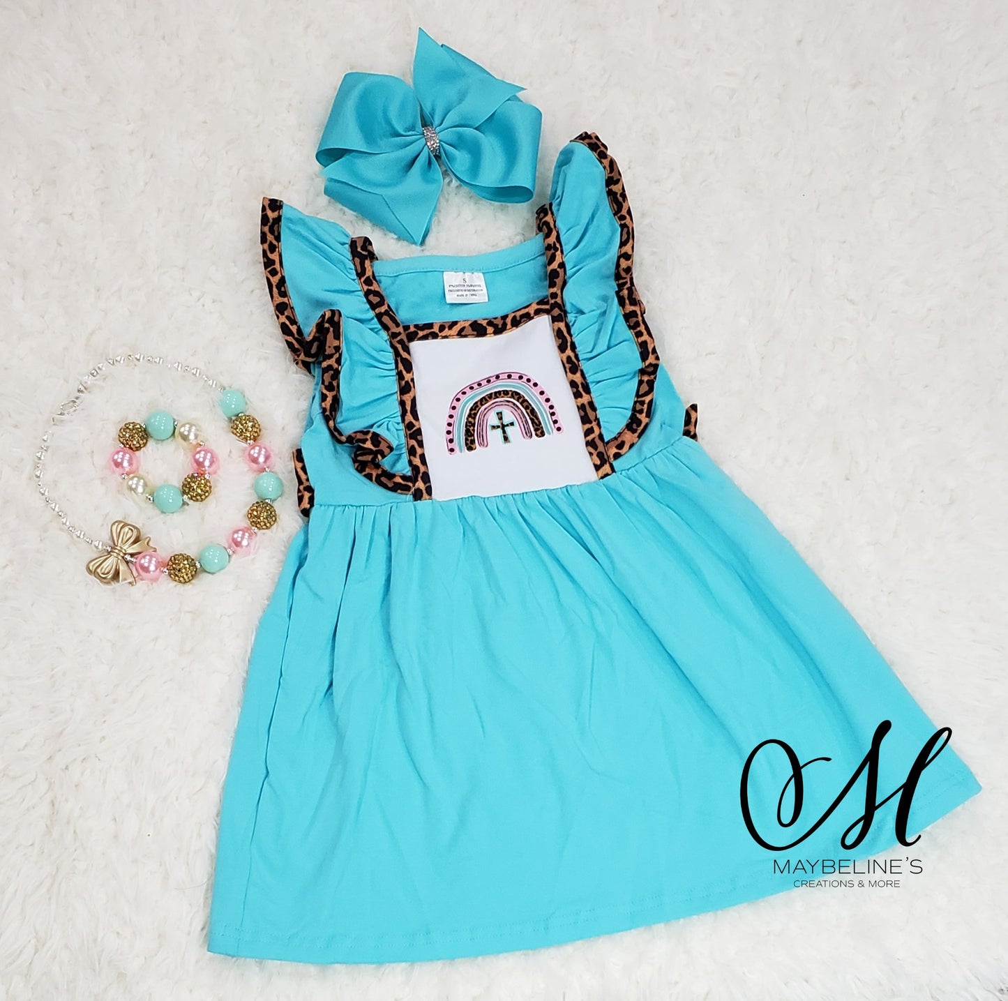 Girls Toddler Turquoise and Leopard Ruffle Easter Rainbow Dress