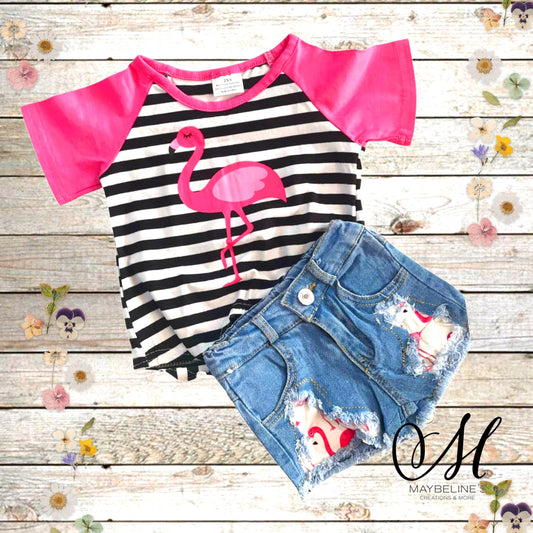 Girls Flamingo Denim Shorts Outfit