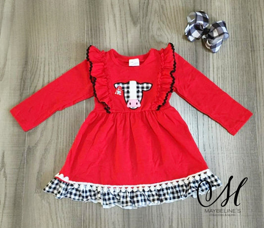 Red and plaid dress with happy cow