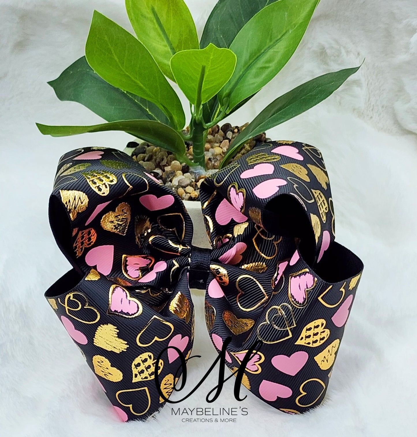 Pink black gold hearts hairbow