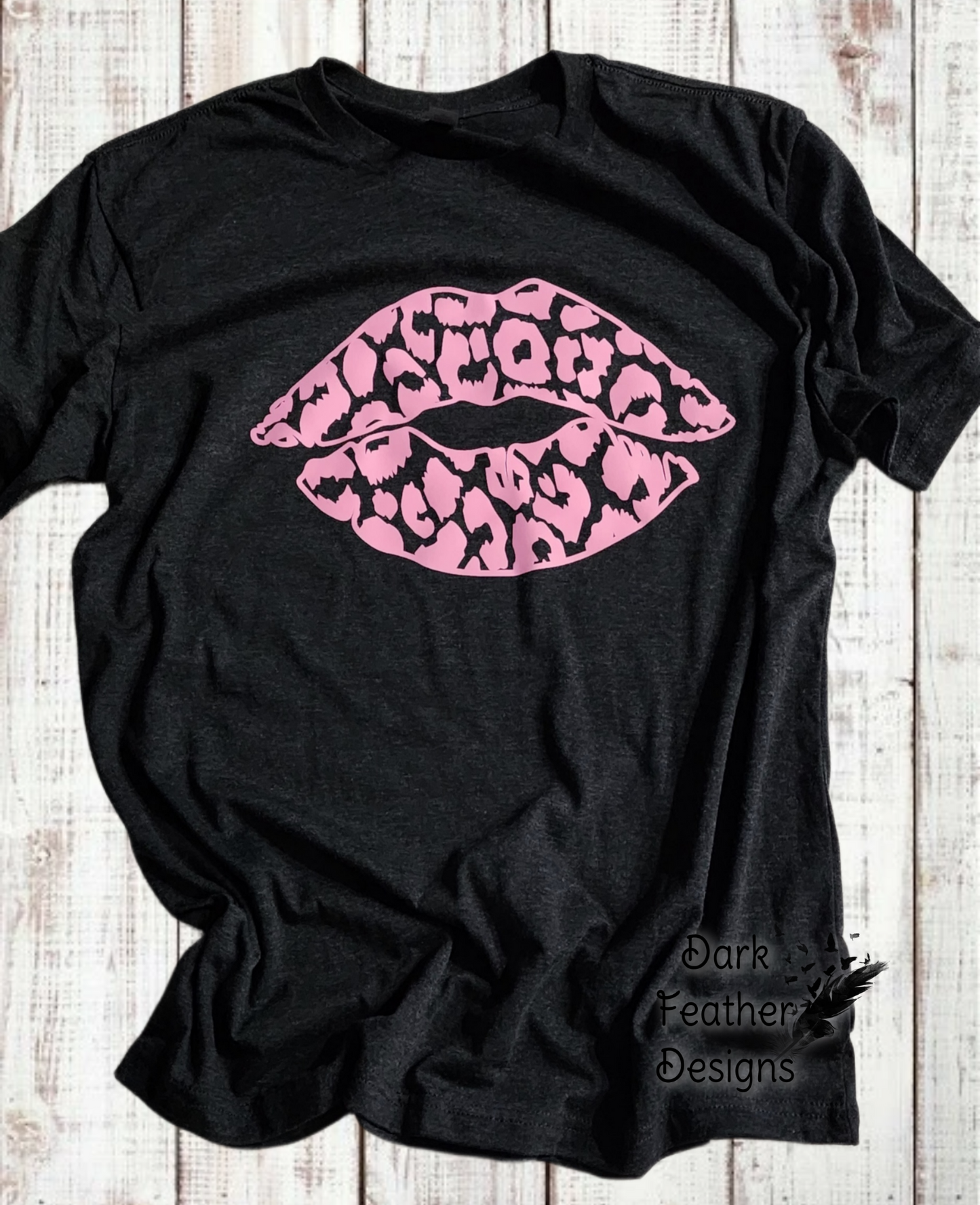 Pink Leopard print lips dark gray tshirt