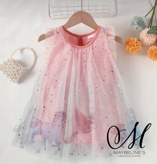 Girls Unicorn Print Tulle Sleeveless Dress