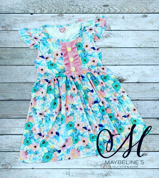 Girls Blue Pink Floral Dress