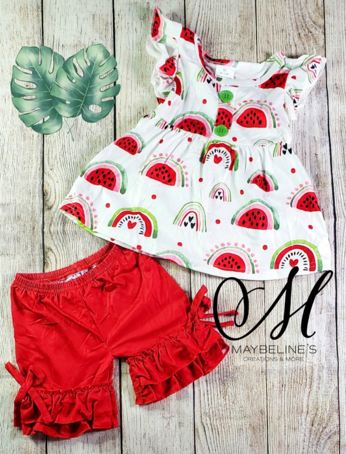 Girls Flutter Sleeve Watermelon Shirt Ruffle Shorts Girls Summer Clothing Outfit